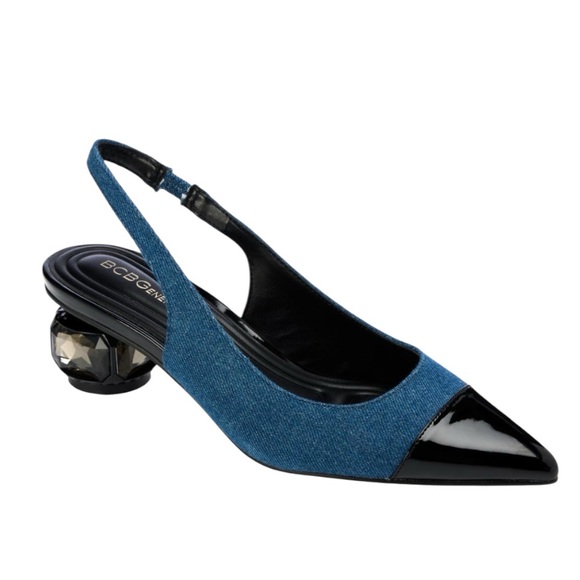 BCBGeneration Jarina Faux Jewel Denim Blue and Black Slingback Heels Women Sz 8 - Picture 1 of 9